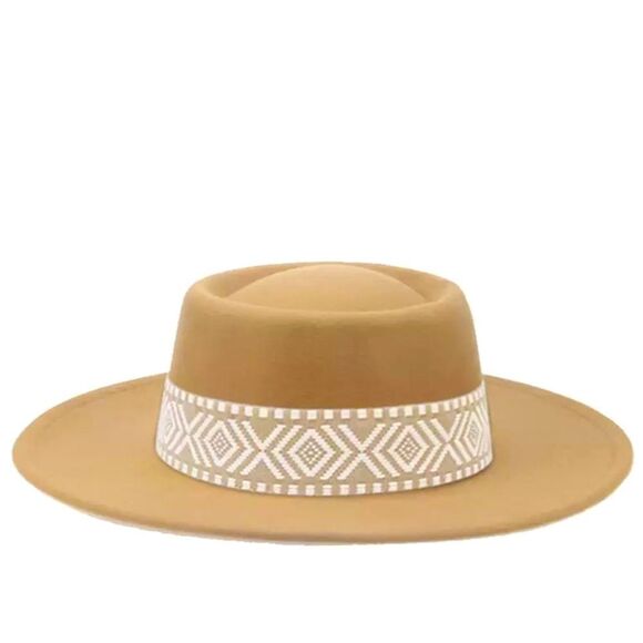 Tan Wide Brim Round Pork Pie Crown Aztec Band Fedora Boater Hat NEW - Picture 2 of 4
